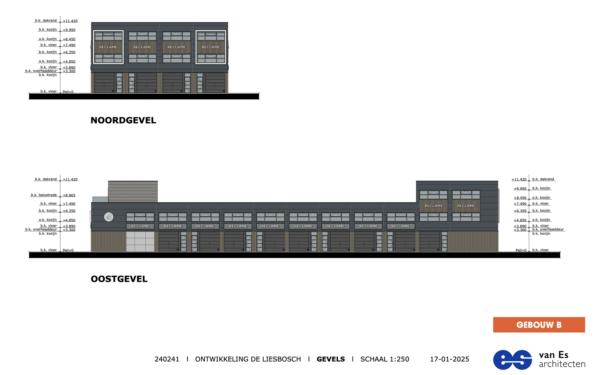 Architectonische gevelaanzichten van gebouw B in ontwikkeling De Liesbosch, met de noord- en oostgevel op schaal 1:250.